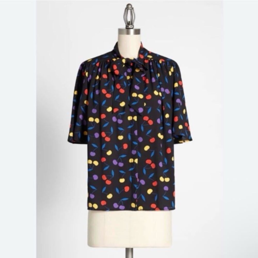 ModCloth Cheers for Cherries Tie-Neck Blouse Size Large